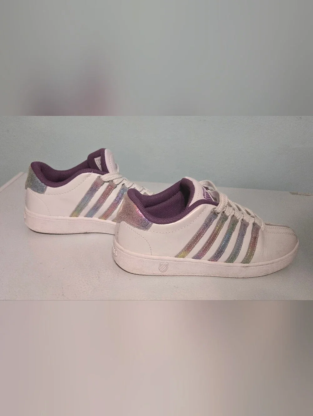 K-Swiss Classic VN White Sneakers, Iridescent Rainbow Stripes & Purple Lining